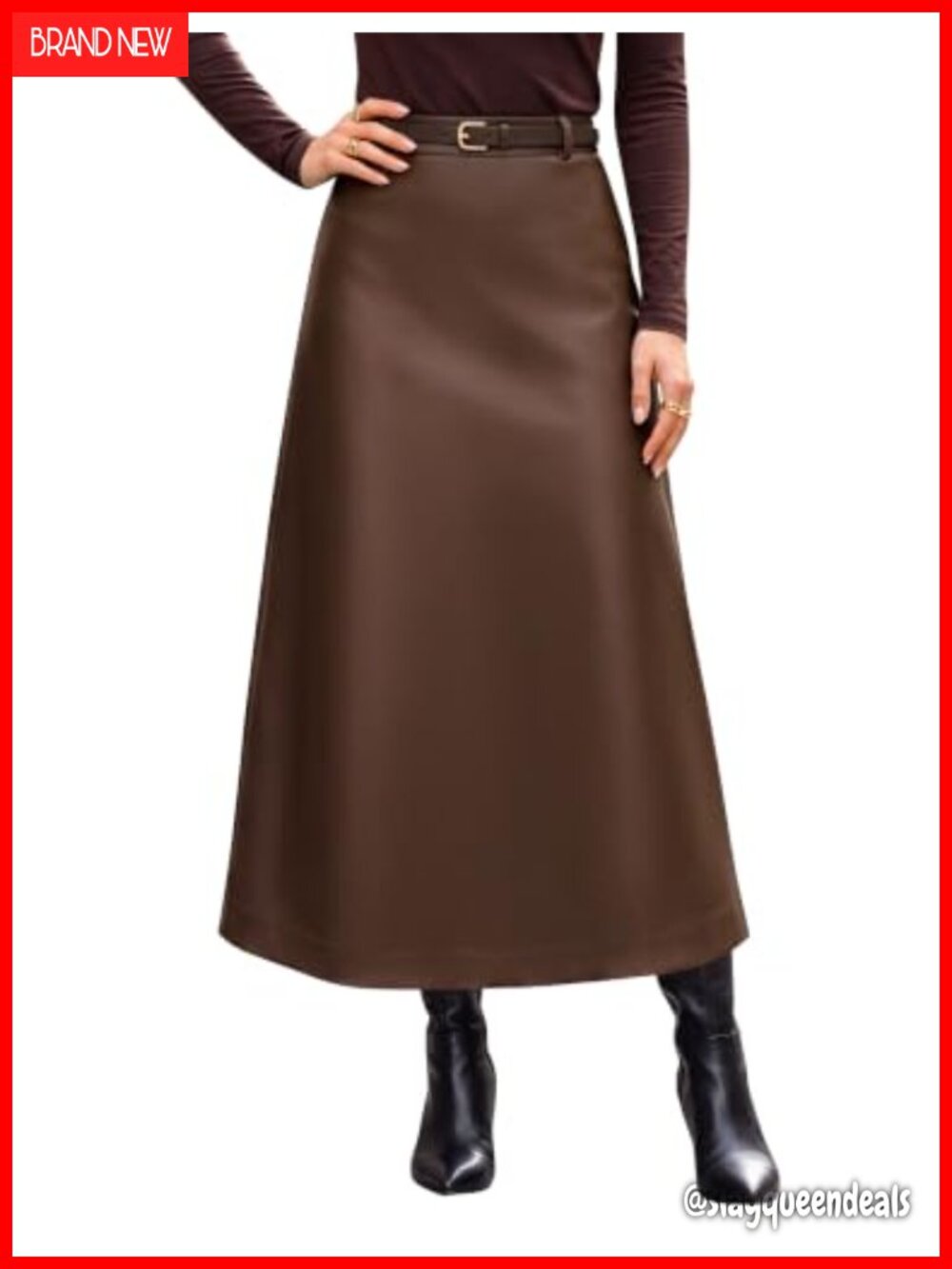 Faux Leather A-Line Midi Skirt High Waisted Back Slit Office Fall